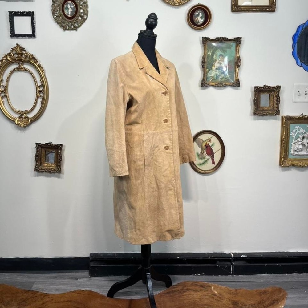 Vintage Y2K Côte Femme Tan Suede Button-Up Midi Coat Minimalist 90s 2000s – S-8 - Picture 2 of 6